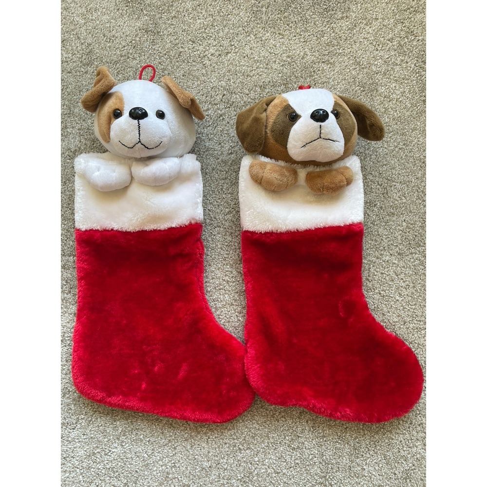 Vintage Christmas Stocking Puppy Dog Plush 3D Set of 2 - 17" Tall